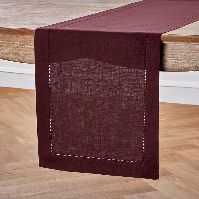 Solino Home 100% Pure Linen Table Runner Burgundy Hemstitch, 14 x 120 in | Classic Hemstitch, a graceful centrepiece for dining and gatherings, hemstitched border, mitered corners, OEKO-TEX Certified