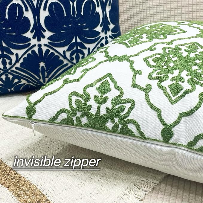 Slow Cow Embroidery Decorative Throw Pillow Cover for Couch Modern Bohemian Flower Accent Pillowcase Cushion Cover 18 X 18 Inches Green