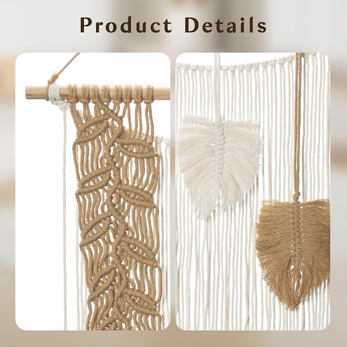 Briful Macrame Wall Hanging with Woven Feather Leaves 15.94" x 21.26"