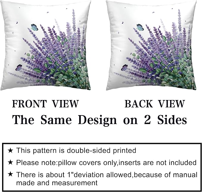 Lavender Decorative Pillow Covers Spring Summer Farmhouse Square Pillowcases for Outdoor Living Room Garden Sofa Set of 2 Purple Flowers with Butterfly Throw Pillow Covers 22x22