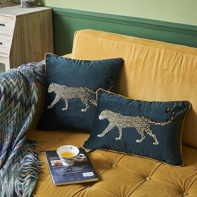 Luxury Embroidery Leopard Throw Pillowcase Gold Embroidered Velvet Cloth Cushion Cover Decorative Leopard Print Cheetah Pillows Case for Preppy Stuff Room 1PCS (14"x20"Color-1)