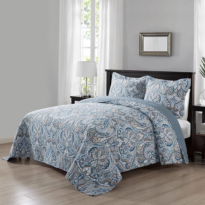 NEWLAKE Cotton Bedspread Quilt Sets-Reversible Patchwork Coverlet Set, European Grey Floral Pattern, Queen Size