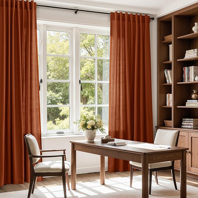 Extra Wide Terracotta Curtains for Living Room 102 Inches Long Back Tab and Rod Pocket Linen Semi Sheer Farmhouse Boho Floor to Ceiling Curtain for Bedroom Office Luxury 100x102, 2 Panels