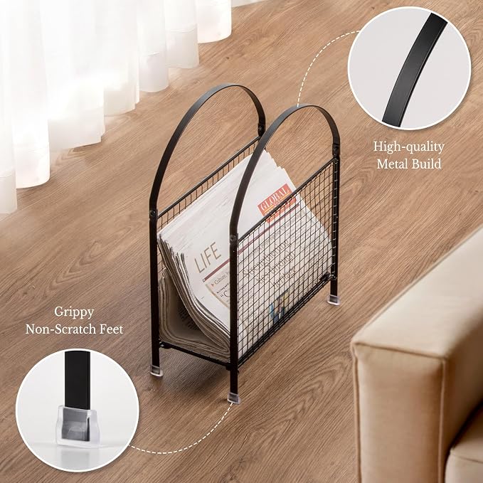 PUERSI Freestanding Magazine Holder, Metal Magazine Rack Floor Stand | Modern Touch Handbag Design, for Magazine, Newspaper, Books, Vinyl Record (Black)