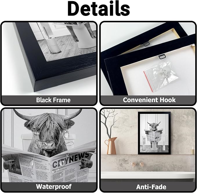 Black Framed Highland Cow Wall Art in Bathtub, Funny Black and White Canvas Picture, Humor Animals Artwork Prints for Bathroom, Bedroom, Kids Decor