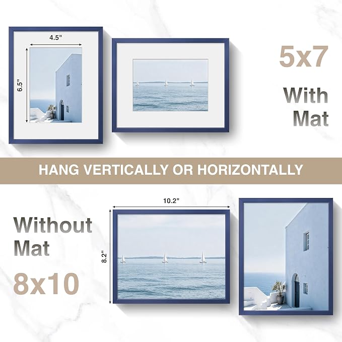 Fun Memories 8x10 Inch Metal Picture Frame - Aluminum Photo Frames - 5x7 Mat - Ideal for Wall or Tabletop Display - Wall Hook Hanging Hardware Included - Navy Blue - Set of 1