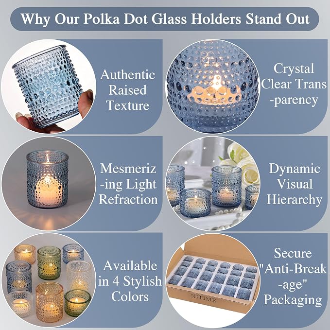NITIME Blue Glass Votive Candle Holders Set of 24, Assorted Heights Polka Dot Tealight Candle Holders for Table Centerpiece, Blue Candle Holder Decor for Wedding, Baby Shower Party & Spa