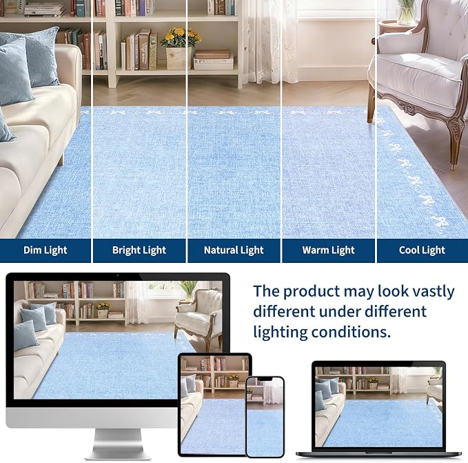 COZYLOOM 5x7 Bow Printed Washable Rug for Entryway Indoor, Modern Bordered Living Room Rug with Non Slip Backing, Stain Resistant Non Shedding Solid Color Area Rugs for Bedroom, Dining Room, Blue