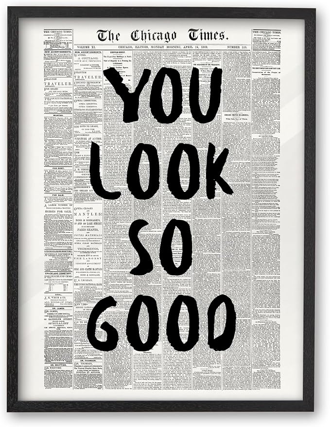 iHery 8x10in You Look So Good Framed Newspaper Wall Art | Premium Black OAK Wood Frame with Canvas Print, Vintage Newspaper Decor for Bedroom, Dorm, Vanity Room Living Room, 1Pack