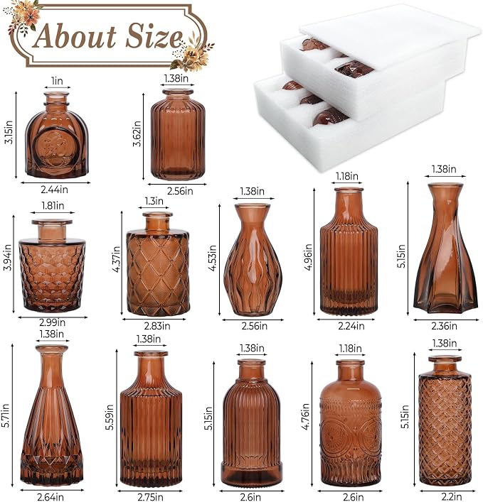 TBWIND 12-Piece Glass Bud Vase Set – Small Caramel Coffee Brown | Etched Glass Vases with Unique Shapes and Weighted Base for Windowsills, Bathrooms, and Table Centerpiece Décor
