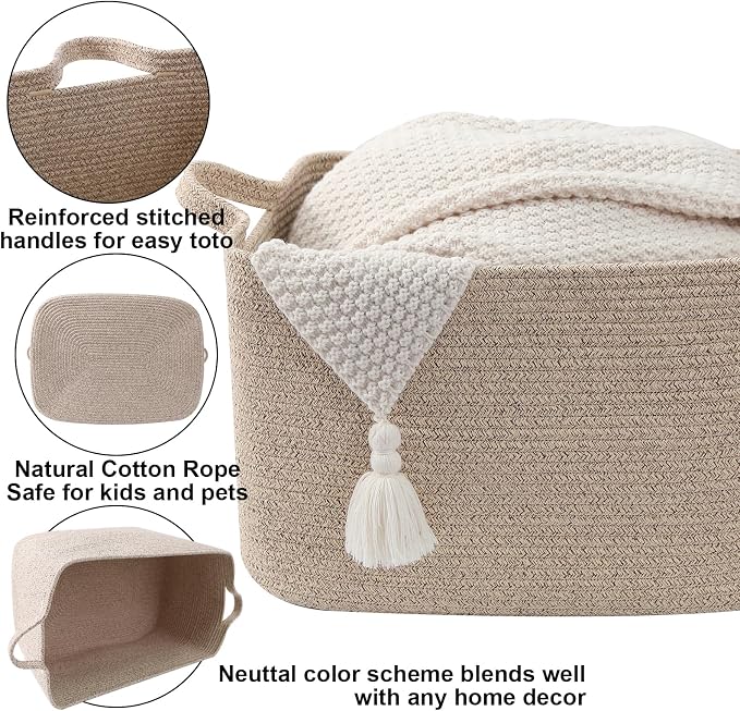 96L Woven Laundry Basket with Handles, Extra Blanket Basket,Brown | 24"×16"×15" Collapsible Cotton Rope Storage Basket for Toys Clothes & Pillows, Nursery, Bathroom, Bedroom, Living Room
