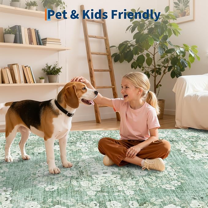 GarveeHome 5x7 Area Rug for Living Room Vintage Floral Rugs | Washable Botanical Floor Carpets Flower Bordered Accent Mats Non-Slip Low Pile Area Rug for Bedroom Dining Nursery Room Green
