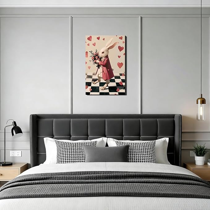 Large Whimsical Easter Bunny Canvas Art 24x36, Romantic Framed Rabbit Picture for Hallway, Bedroom, Light Spring Heart Pictures for Easter Dinning Room Home Wall Decoration