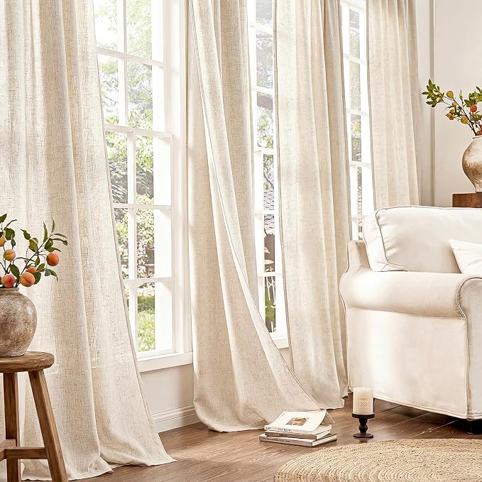 jinchan Linen Curtains Light Filtering Back Tab 50x84 Inch 2 Panels Beige | Semi Sheer Curtains 84 inch length for Bedroom Living Room, Modern Farmhouse Drapes with Rod Pocket, Natural Boho Curtains