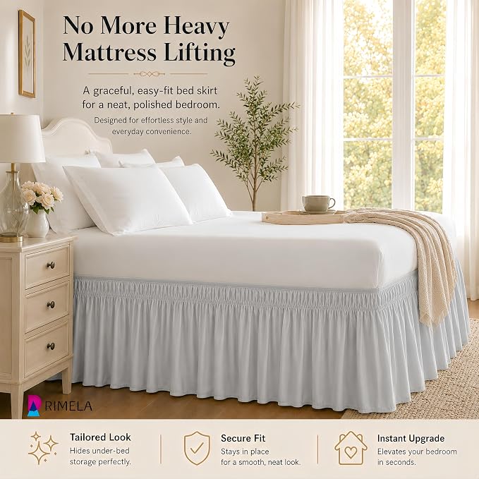 Ice Grey Bed Skirt Queen Size 15" Drop, Elastic Wrap Around Bedskirt | Solid Ruffled, Easy to Use, No Mattress Lifting, Wrinkle & Fade Resistant, with Adhesive Strips, Machine Wash/Dry/Iron