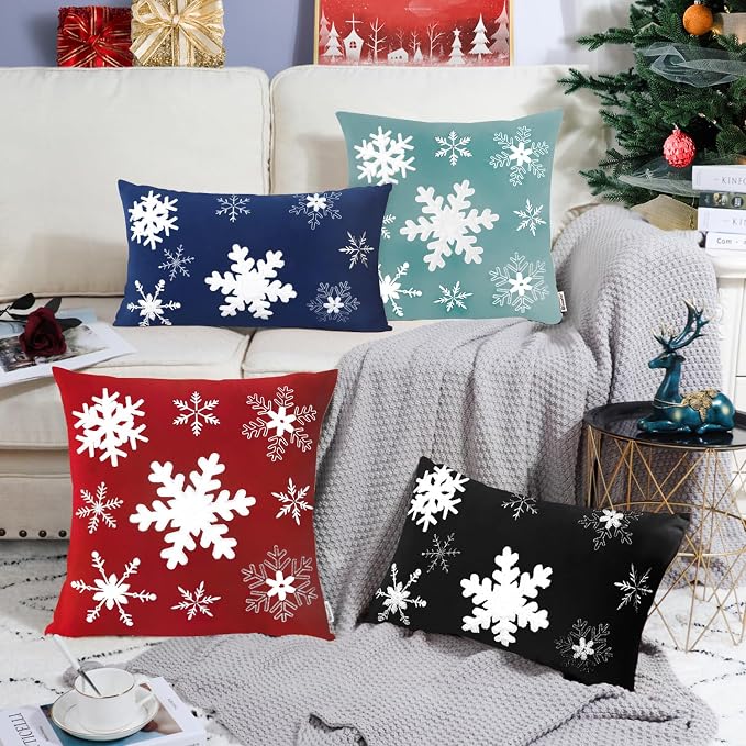 BRAWARM Christmas Pillow Cover 12 X 20 Inches, Teal Snowflake Embroidered Lumbar Pillow Cover, Soft Velvet Decorative Throw Pillow for Couch Bed Sofa Living Room Home