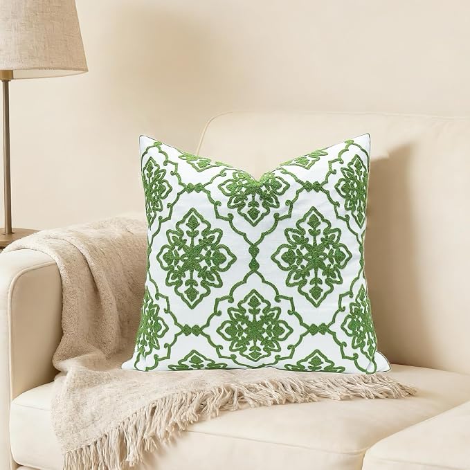 Slow Cow Embroidery Decorative Throw Pillow Cover for Couch Modern Bohemian Flower Accent Pillowcase Cushion Cover 18 X 18 Inches Green