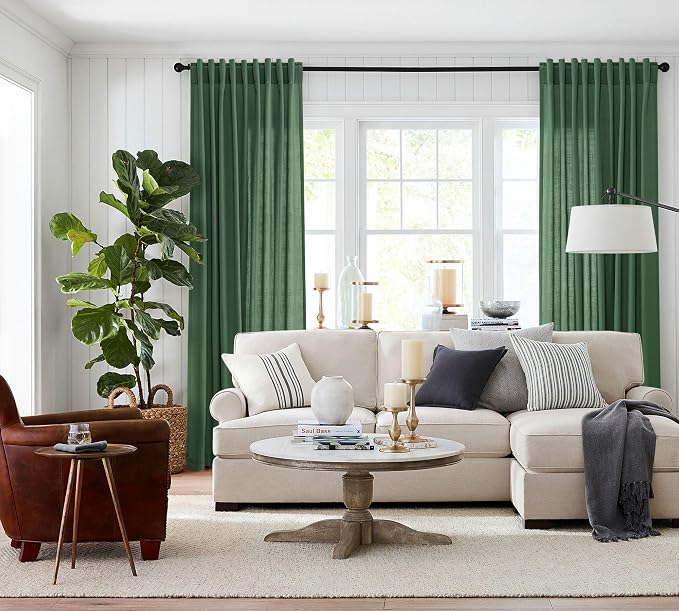 Jowels Green Linen Curtains 84 Inch Long 2 Panels for Living Room | Light Filtering Semi Sheer Curtain, Back Tab Pocket Pleated Look, Boho Farmhouse Textured Privacy Drapes for Bedroom Window