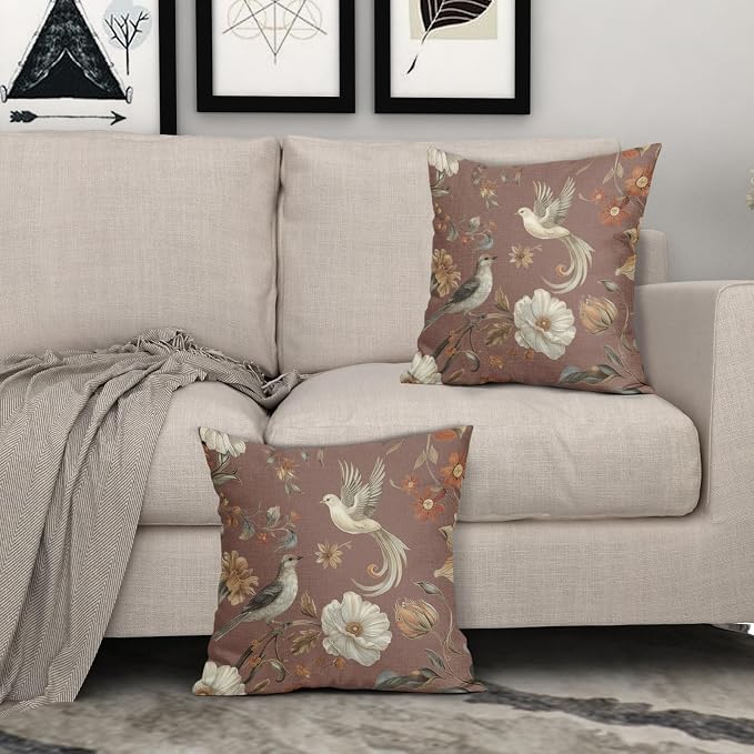 Kawani Vintage Floral Pillow Covers 18x18 Inch Set of 2 Brown Chinoiserie Flower and Bird Outdoor Decorative Throw Pillows Retro Rustic Pillowcases Farmhouse Cushion Covers for Couch Home Decor