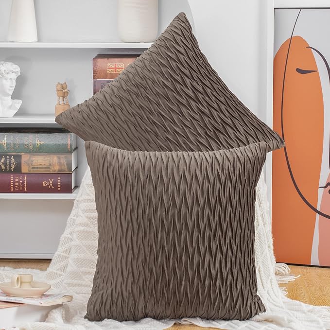 MADIZZ Set of 2 Super Soft Velvet Decorative Throw Pillow Covers 16x16 inch Brown Square with Texture Luxury Style Cushion Case Pillow Shell for Sofa Bedroom