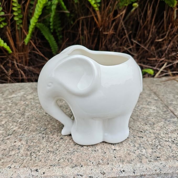 Cute Animal Elephant Shaped Ceramic Succulent Cactus Air Plant Flower Pots Planters-Plant Not Include (4" White)