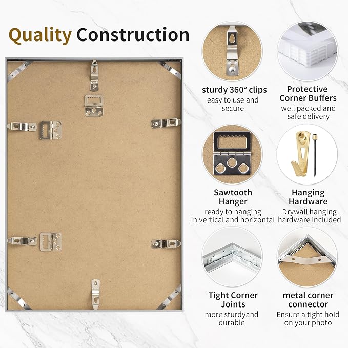 Fun Memories 9x12 Metal Picture Frame- 9x12 Aluminum Photo Frames with 6x8 Mat, High-Definition Plexiglass Front, and Hanging Hardware - Ideal for Wall or Tabletop Display (Silver, Pack of 1)