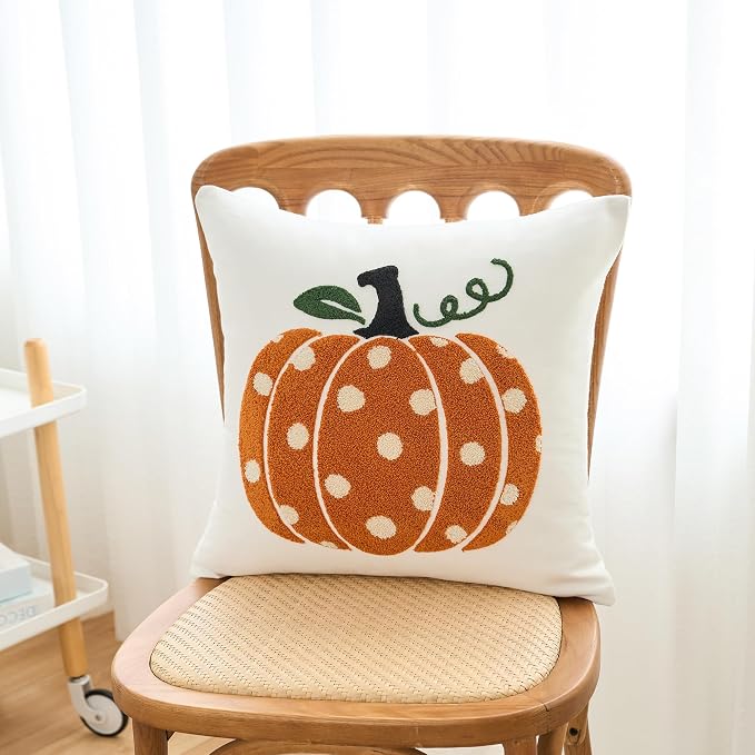 Fall Pumpkins Pillow Covers 18x18 Inch Dots Pumpkin Embroider Decorative Throw Pillowcases Farmhouse Autumn Seasonal Harvest Patio Cushion Cases for Sofa Couch Home