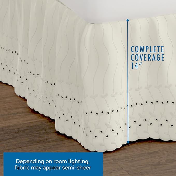 Fresh Ideas Eyelet Bed Skirt, Ruffled Design, 14 Inch Drop, Embroidered Scalloped Edge, King, Ivory