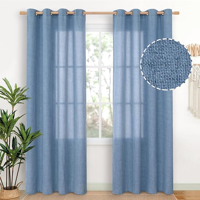 YoungsTex Light Blue Linen Curtains 84 Inch Length 2 Panels with Grommet | Light Filtering Drapes Semi Sheer Privacy for Bedroom Living Room Window, 52 x 84 Inch
