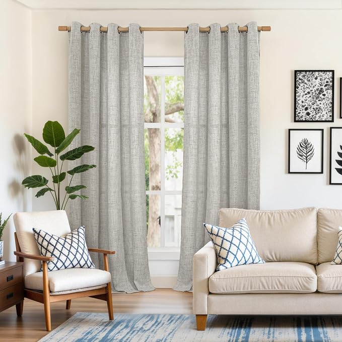 YoungsTex Extra Long Linen Curtains 95 Inch 2 Panels for Living Room | Dark Grey Semi Sheer Drapes Privacy Light Filtering with Bronze Grommet for Bedroom Dining, 52 X 95 Inch