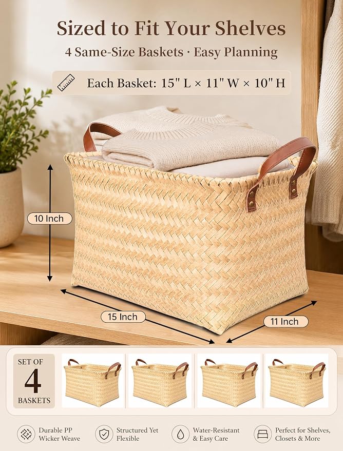 Wicker Storage Baskets, 4 Pack Woven Baskets for Shelves, Yellow | PP Rattan, Water-resistant Wicker Basket, Large Baskets with Faux Leather Handles for Blanket, Laundry Organizer, Room Decor