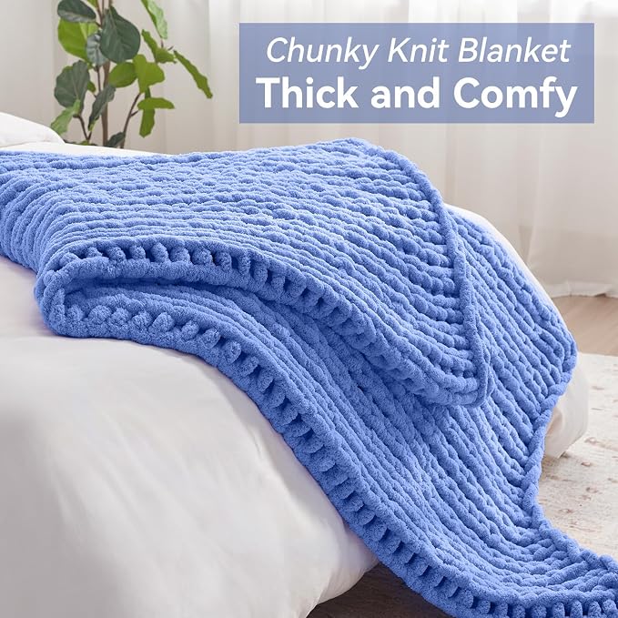 Negwoo Chunky Knit Throw Blanket, Knitted Throw Chenille Yarn, 80"*90" | Soft Thick Cable Knitted Blankets, Handmade Big Thick Blanket, Machine Washable Cute Comfy Blanket for Home Decor, Light blue