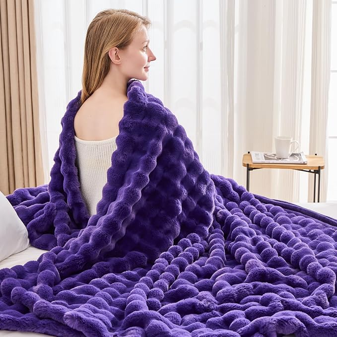 NEWCOSPLAY Faux Fur Fluffy Bubble Twin Blanket for Couch, Purple, 60"x80" | Soft Thick Warm Bubble Blanket for Couch Sofa Bed 550GSM, Plush Cozy Luxury Decorative Throw, Gift for Women Men