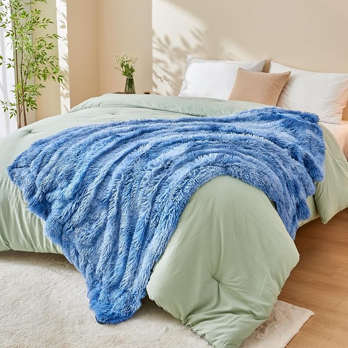 GONAAP Fuzzy Faux Fur Twin Blanket for Couch, Indigo, 60"x80" | Warm Cozy Plush Shaggy Decorative Reversible Thick Non-Heated Fleece Blanket for Sofa Bed, Gift for Women Men, All Season Use