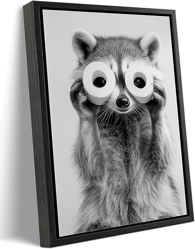 Framed Adorable Raccoon Bathroom Canvas Wall Art Toilet Paper Raccoon Wall Decor Pictures Funny Black and White Bathroom Animal Posters Prints for Restroom Home Decoration 12x16in
