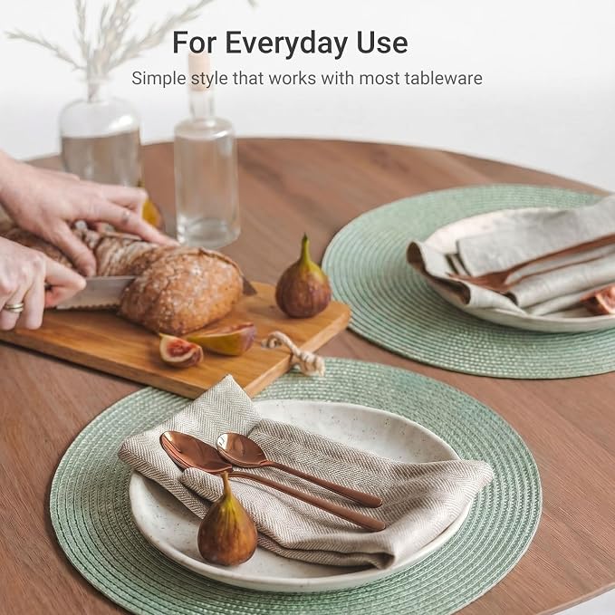 FunWheat Round Braided Placemats Set of 8 Place Mats for Dining Table Woven Washable Non-Slip Table Mats 15 Inch(Fog Green,8pcs)