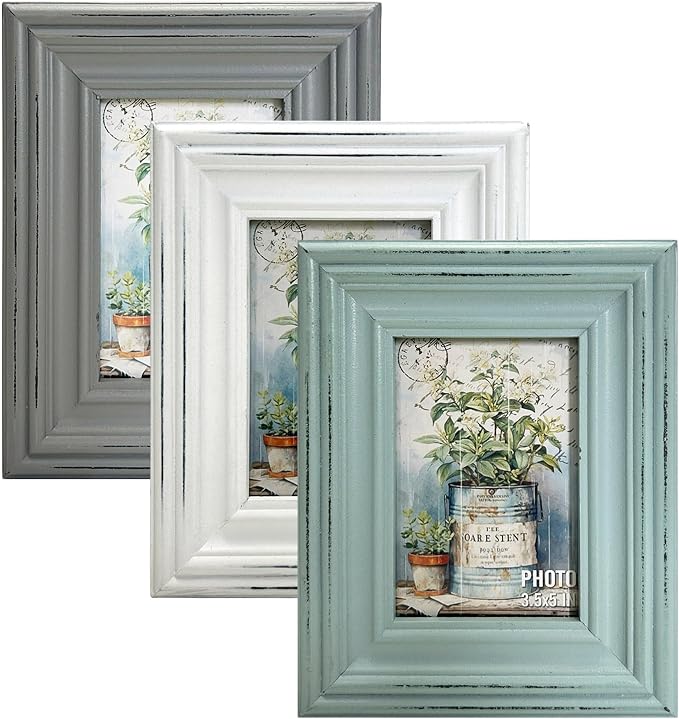 EXQUIDECA Chic Vintage 3.5x5 Inches Wooden Picture Frame Pack of 3 Farmhouse Aqua Grey White - Rustic Thick Wood High Definition Glass Photo Frame Outside 6.1x7.7 Inches