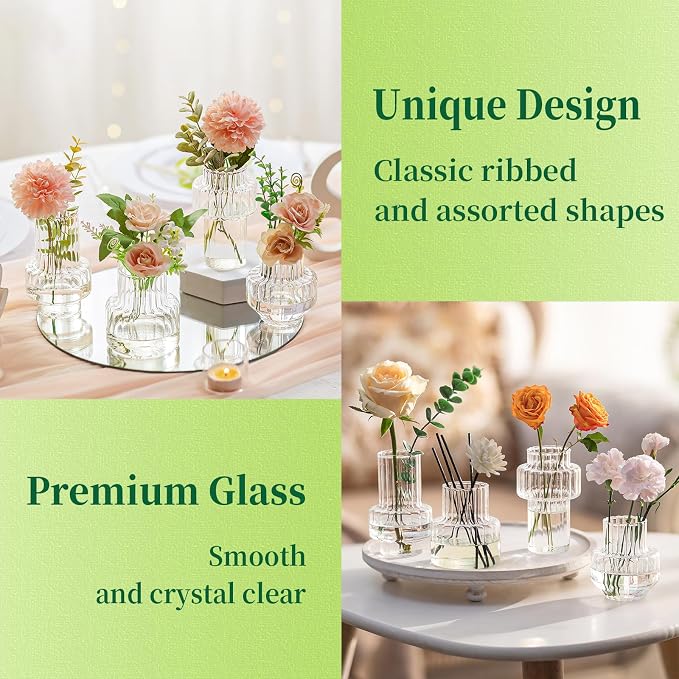 Hewory Ribbed Bud Vases for Centerpieces: 16PCS Small Flower Vases Bulk | Modern Glass Jars for Wedding Table Decor, Assorted Clear Floral Arrangement, Mini, Fluted, Pleated, Set