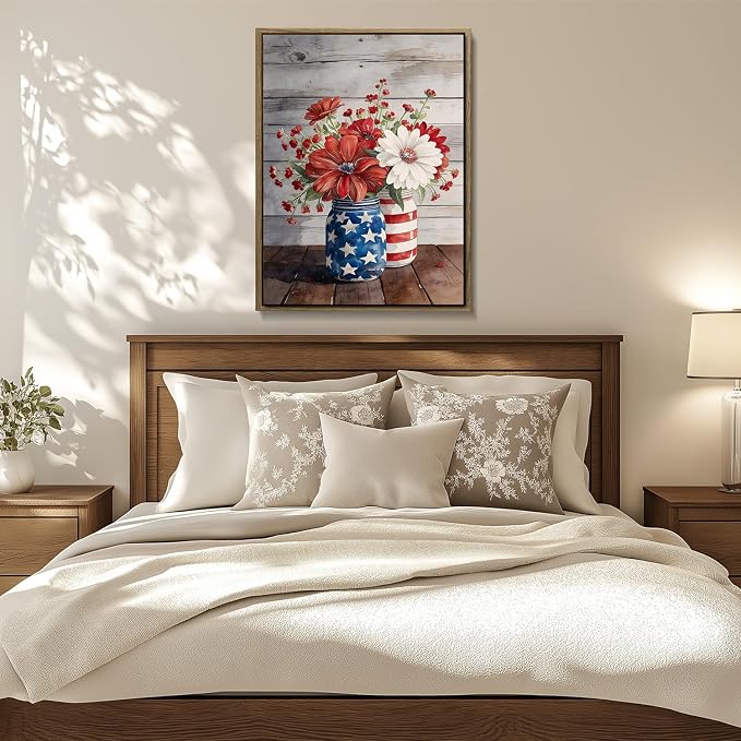 American Flag Framed Canvas Wall Art, 4th of July Patriotic Canvas Prints | Flowers and Stripes Poster Print, Independence Day Wall Decor for Bedroom Living Room Dining Room Office 6×8in