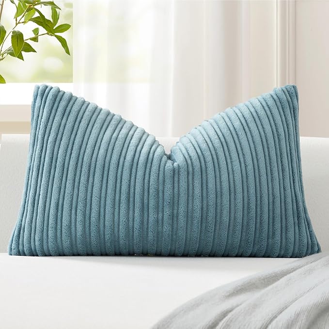 Kevin Textile Striped Corduroy 12”x20” Pillow Cover 1 Pack, Blue Grey