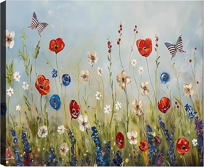 Framed American Flag Butterfly Wildflower Wall Art, Patriotic Floral Canvas Art Pictures, USA Flag Wall Decor, Made in USA Ready to Hang for Living Room Bedroom