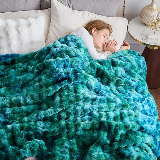NEWCOSPLAY Faux Fur Bubble Twin Blanket for Couch, Tie-Dye Teal, 60"x80" | Fluffy Soft Thick Warm Bubble Blanket for Couch Sofa Bed 700GSM, Plush Cozy Luxury Decorative Throw, Gift for Women Men