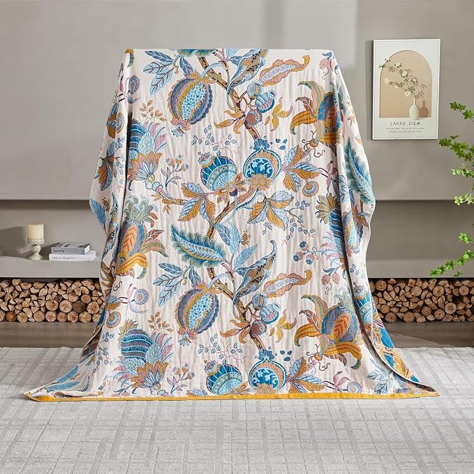 Boho Throw Blanket for Bed 100% Cotton Bohemian Blankets Ultra Soft Woven Muslin Decorative Blankets All Seasons Vintage Quilt Knitted Blanket for Sofa Chair(Beige, 90"x98")