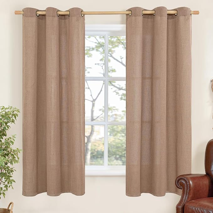 Mocha Brown Linen Semi Sheer Curtains 42X63 Inch Length with Grommet | Light Filtering Drapes for Short Office Bedroom Living Room Window, 2 Panels, 42 X 63 Inch