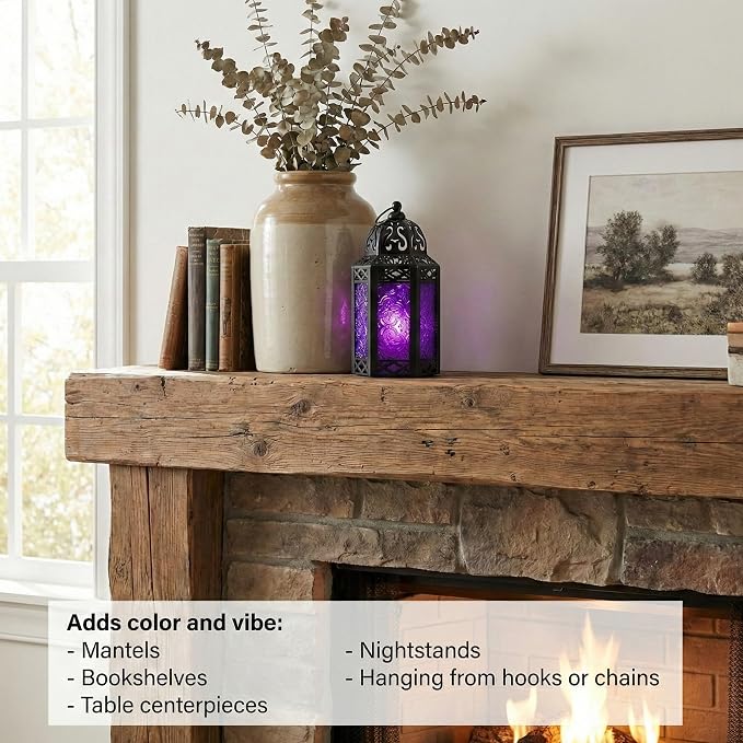 Vela Lanterns Decorative Indoor Moroccan Candle Holder Lamp, Purple, S | Gothic Home Decor, Whimsigoth Iron Goth Lamp, Hanging Witch Bedroom, Halloween Centerpiece, 8.5" Tall