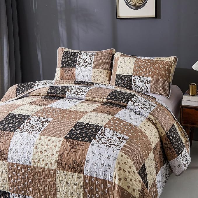 Mybedsoul Brown Quilt Set Twin Size Dorm Bedding, Patchwork Bedding Set | Soft Lightweight Microfiber Floral Coverlet Set, 2 Pieces Plaid Reversible Bedspread, Bed Sets for All Seasons 68"x86"
