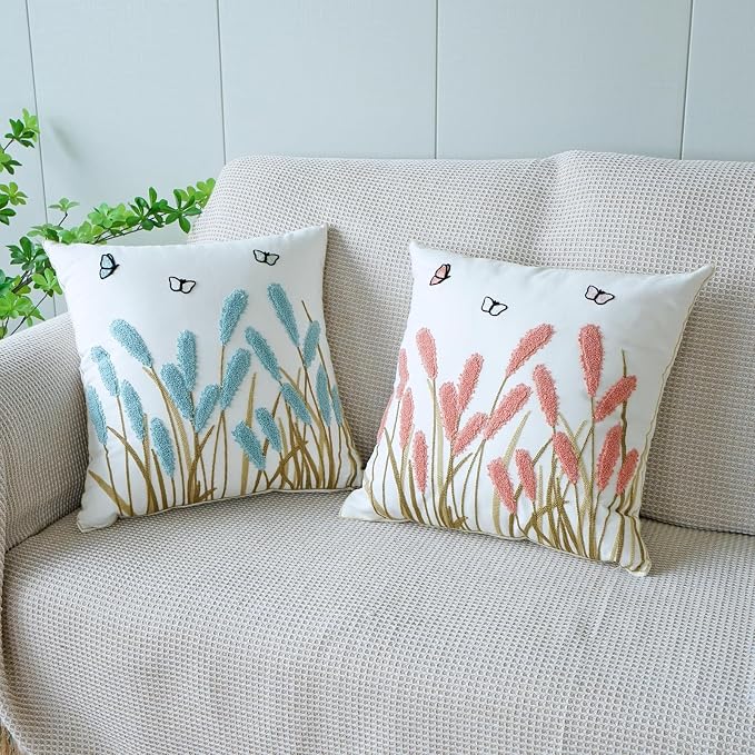 vctops Farmhouse Pampas Grass Cotton Tufted Throw Pillow Cover Boho Embroidery Pillowcase Soft Square Cushion Case for Sofa Couch Bed Chair (Dark Pink,18"x18")