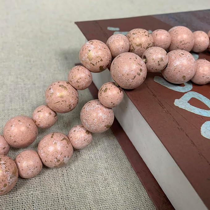 Handcrafted Farmhouse Wooden Decorative Beads Garland, Table Tray Boho Wood Beads with Tassel, Small Rustic Antique Decor for Home and Events (Rose Dawn Gold)