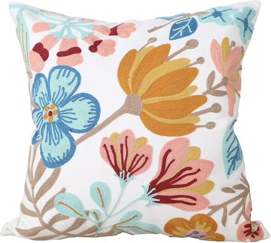 Floral Embroidery Throw Pillow Covers 18x18 Inch Colorful Flower Decorative Cushion Case with Blue and Orange Flowers 100% Cotton, Home Decor Embroidered Throw Pillow Cover 45x45cm, 1 Piece
