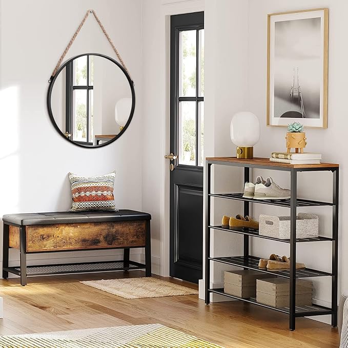 Hanging Circle Mirror Black Metal Framed Round Mirrors with Rope Modern Hanging Mirror for Bathroom Bedroom Living Room Entryway Home Wall Decor 20"